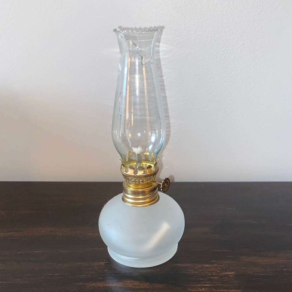 Vintage Frosted Glass Lantern || Gold Trim || fresh wick || replace chimney